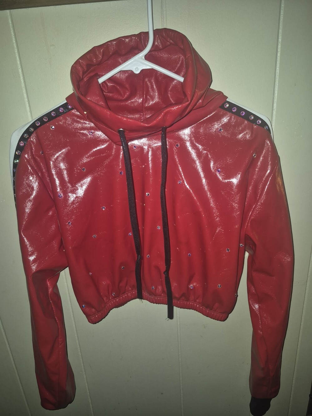 The Lineup Red Cropped Liquid Leather Hoodie Varsity Letter M Rhinestone Size M